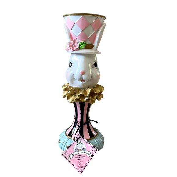 NEW Tophat & Tail Mad Hatter Easter Bunny Pillar Candle Holder Chic Spring Decor - Picture 1 of 16